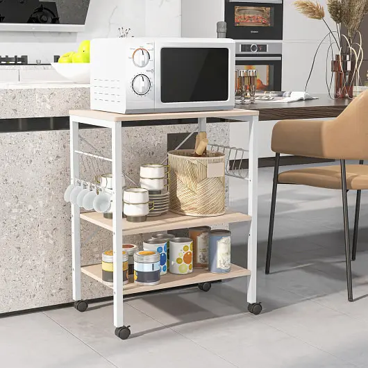 Costway Advanced 3-Tier Kitchen Baker's Rack Microwave Oven Storage Cart Hooks, Light Brown, JZ10016MS