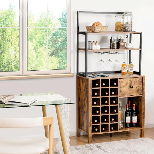 Costway Classic Kitchen Bakers Rack Freestanding Wine Rack Table Glass Holder and Drawer, Rustic Beige, JV10117CF