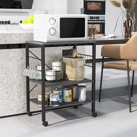 Costway Fade-Resistant 3-Tier Kitchen Baker's Rack Microwave Oven Storage Cart Hooks, Charcoal Beige, JZ10016VB