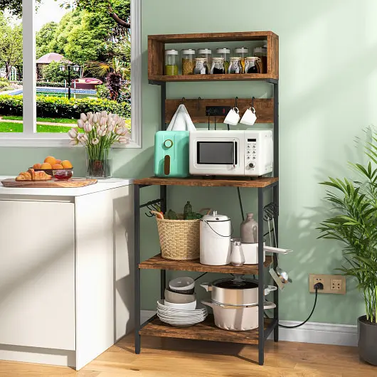 Costway Fade-Resistant 60 Inch Tall Microwave Stand Open Shelves and 10 Hanging Hooks, Rustic Brown, JZ10159US-CF