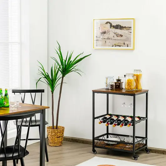 Costway King-Size Kitchen Bar Cart Serving Trolley on Wheels Wine Rack Glass Holder, Rustic Brown, KC53629BN