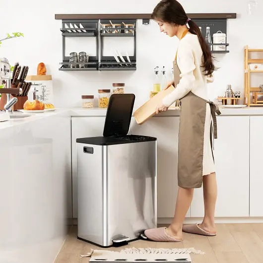 Costway Lightweight 2 x 8 Gal Dual Compartment Trash Can, Chrome Silver, GY10008SL