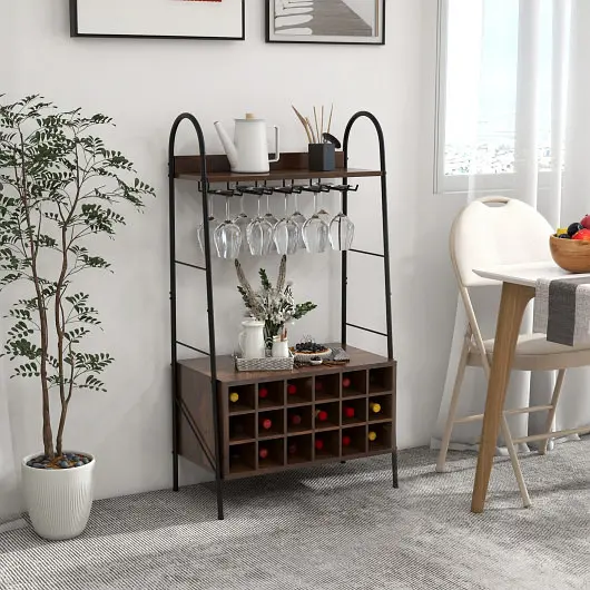 Costway Micro Baker's Rack Detachable Wine Rack and 5 Rows Stemware Holder, Rustic Brown, JV11276CF