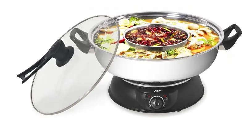 Sunpentown Electric Shabu Shabu Pot, 5-quart Stainless Mild Steel and Jet Black, SS-303