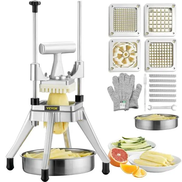 VEVOR Commercial Vegetable Fruit Chopper, Wood Stainless Spring Steel French Fry Cutter 4 Blades 1/4" 3/8" 1/2&q...