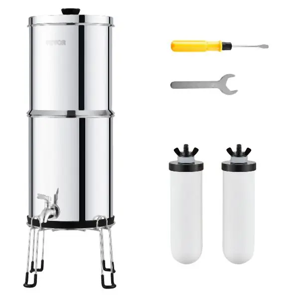 VEVOR Contemporary 2.25G Gravity-fed Water Filter Countertop System Stainless Steel 2 Filters, Upper Chamber Pipe Capacity...