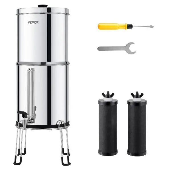 VEVOR CSA-Approved 2.25G Gravity-fed Water Filter Countertop System Stainless Steel 2 Filters, Upper Chamber Capacity 7 L,...