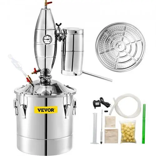 VEVOR Plug-and-Play 30L 7.9Gal Water Alcohol Distiller, Stainless Carbon Steel Alcohol Making Boiler Home Kit Thermometer ...
