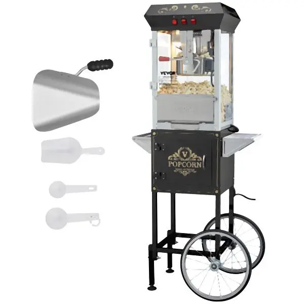 VEVOR Popcorn Popper Machine Cart Popcorn Maker 850W 8 Oz 48 Cups Black, CSBMHJ8OZ850NDZETV1