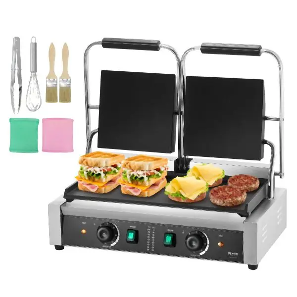 VEVOR Slim Commercial Panini Press Grill Electric Sandwich Maker Griddle Plate 19"x9", SYYBDBL3600WWHB9VV1