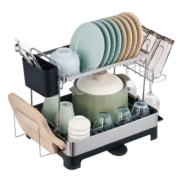 VEVOR 2 Tier Dish Drying Rack Dish Drainer Wood Stainless Tool Steel Kitchen Utensil Holder, SCLSBTZLSC5721QSYV0