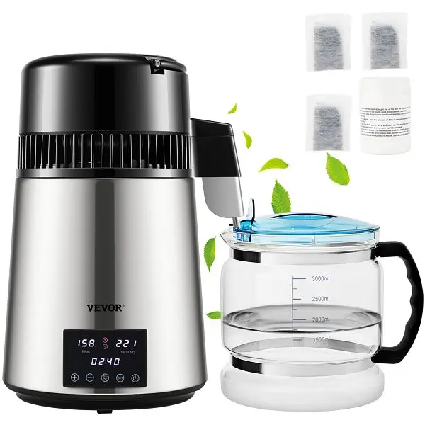 VEVOR 4L Water Distiller 1.5L/H Distilled Water Maker Timing Dual-Temp Silver, DSD15LH4L110VJKL3V1