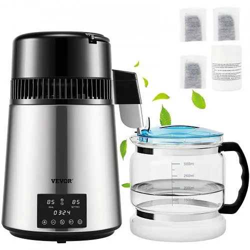 VEVOR 4L Water Distiller Distilled Water Maker 1 L/H Timing Dual-Temp Chrome Silver, DSDW1LH4L110V8WJBV1