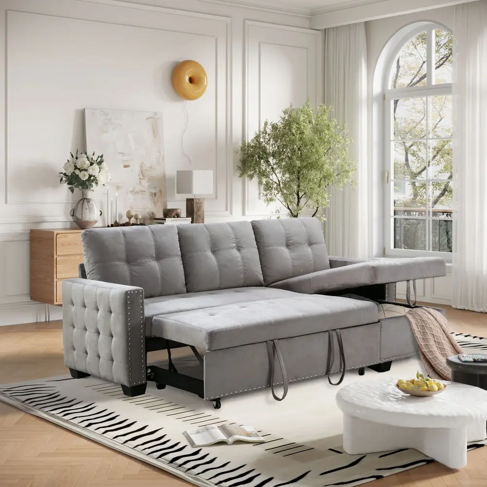 Reversible Sectional Storage Sleeper Sofa Bed, L-Shape 2 Seat Sectional Chaise Storage, Skin-Feeling Fabric