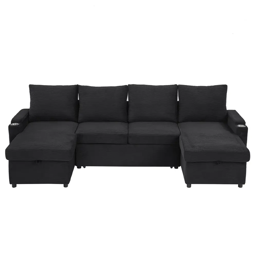 U Shaped Sectional Sofa Bed Storage Chaise Lounges, USB Ports, And Cup Holders Brushed Nickel