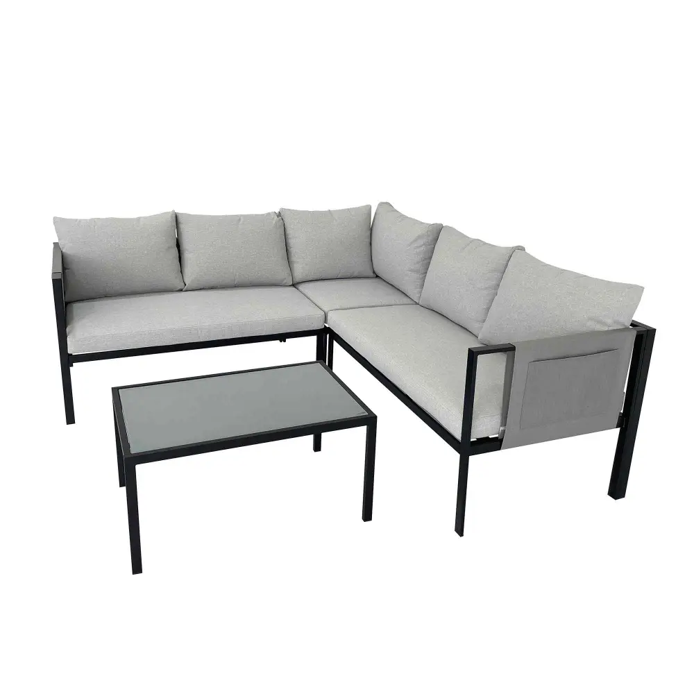 Steel Sectional Sofa Glass Table and Polyester Cushions, 4-Pieces