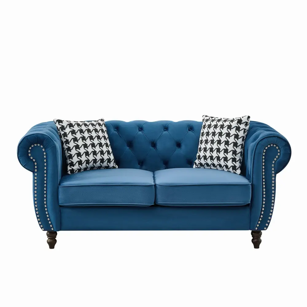 Chesterfield Fabric Sofa Roll Armrest And Nailhead, Mid Century 2 Seater Couch