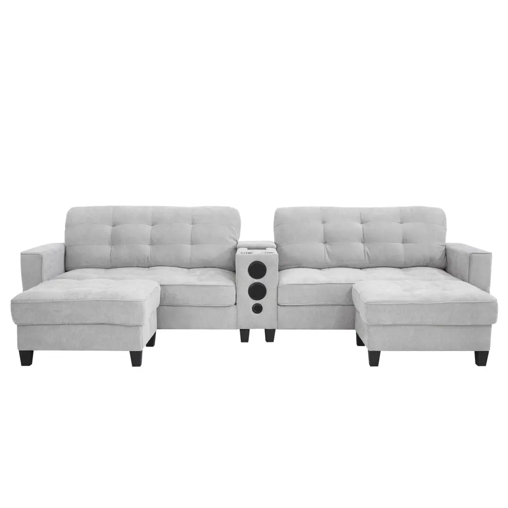 Modern Sectional Sofa U-Shaped Movable Ottomans, tooth Speakers, LED Lights And Configurable Storage