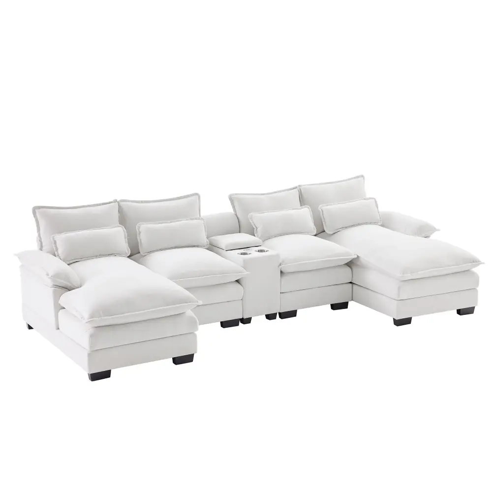 Modern U-Shaped Sofa Console, Cupholders And USB Ports, 6 Seat Upholstered Symmetrical Indoor Furniture, Sleeper Couch Pla...