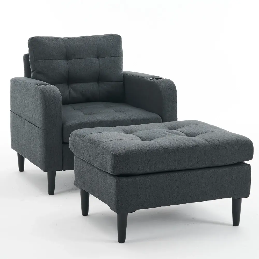 Upholstered Armchair And Storage Ottoman Set, Plush Single Sofa Cup Holders And Tufted Detailing, Ideal Living Room Or Bed...