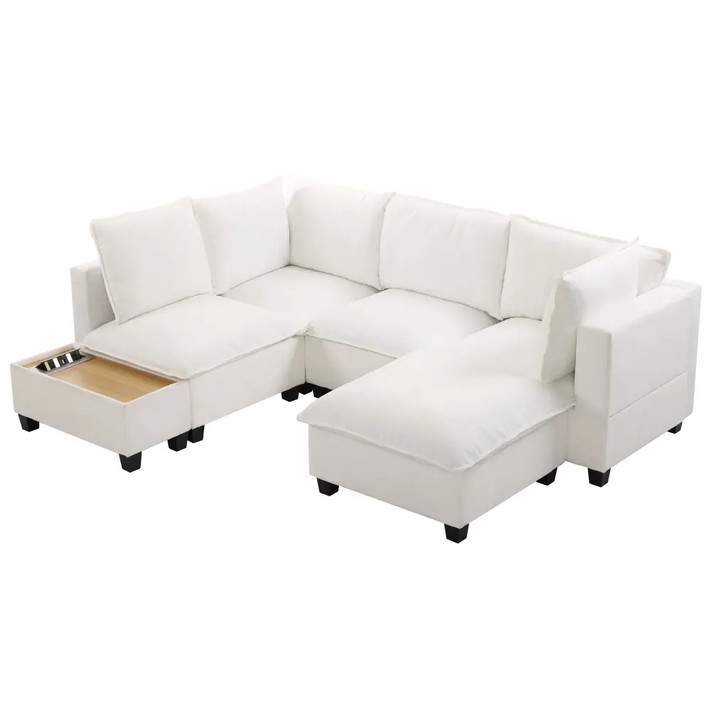U-Shaped Sectional Customizable Sofa Movable Ottoman, Coffee Table Hidden Charging Devices Living Room