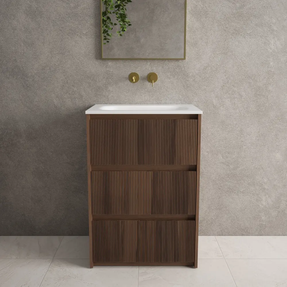 Scanalato Three Drawer Floor Standing Vanity Unit Beyondstone Basin - Walnut 600mm