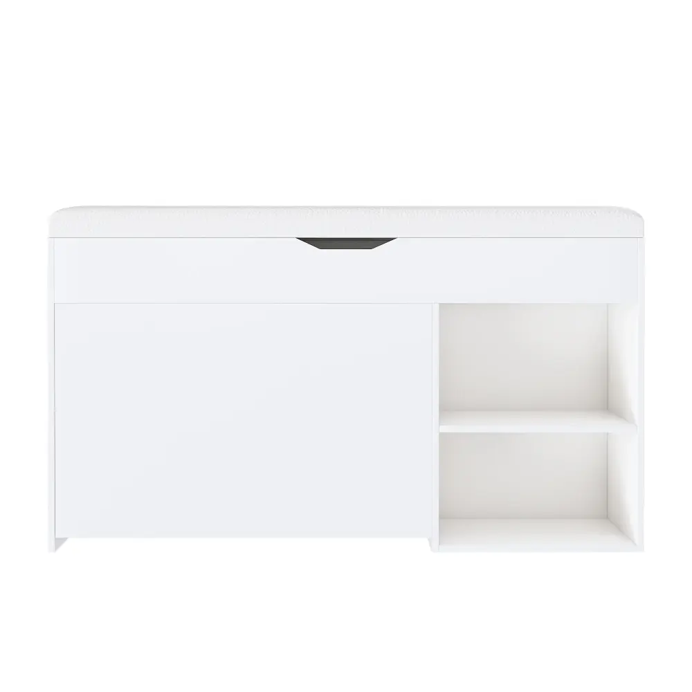 Modern Design Entryway Bench Adjustable 3 Tier Flip-Up Drawers And Hidden Cabinet - White