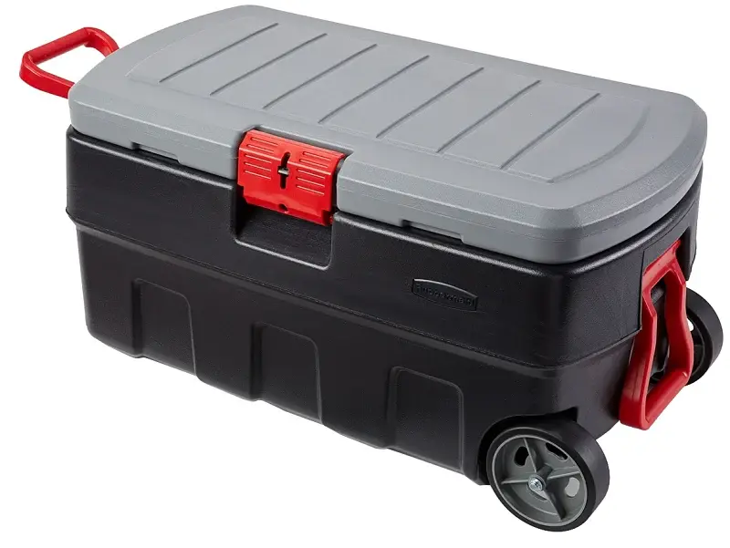 Rubbermaid RMAP350005 Lockable Storage Box, 35 gal Volume, HDPE, Black/Gray/Red, 36 L, 19 W, 17 H Collapsible Design