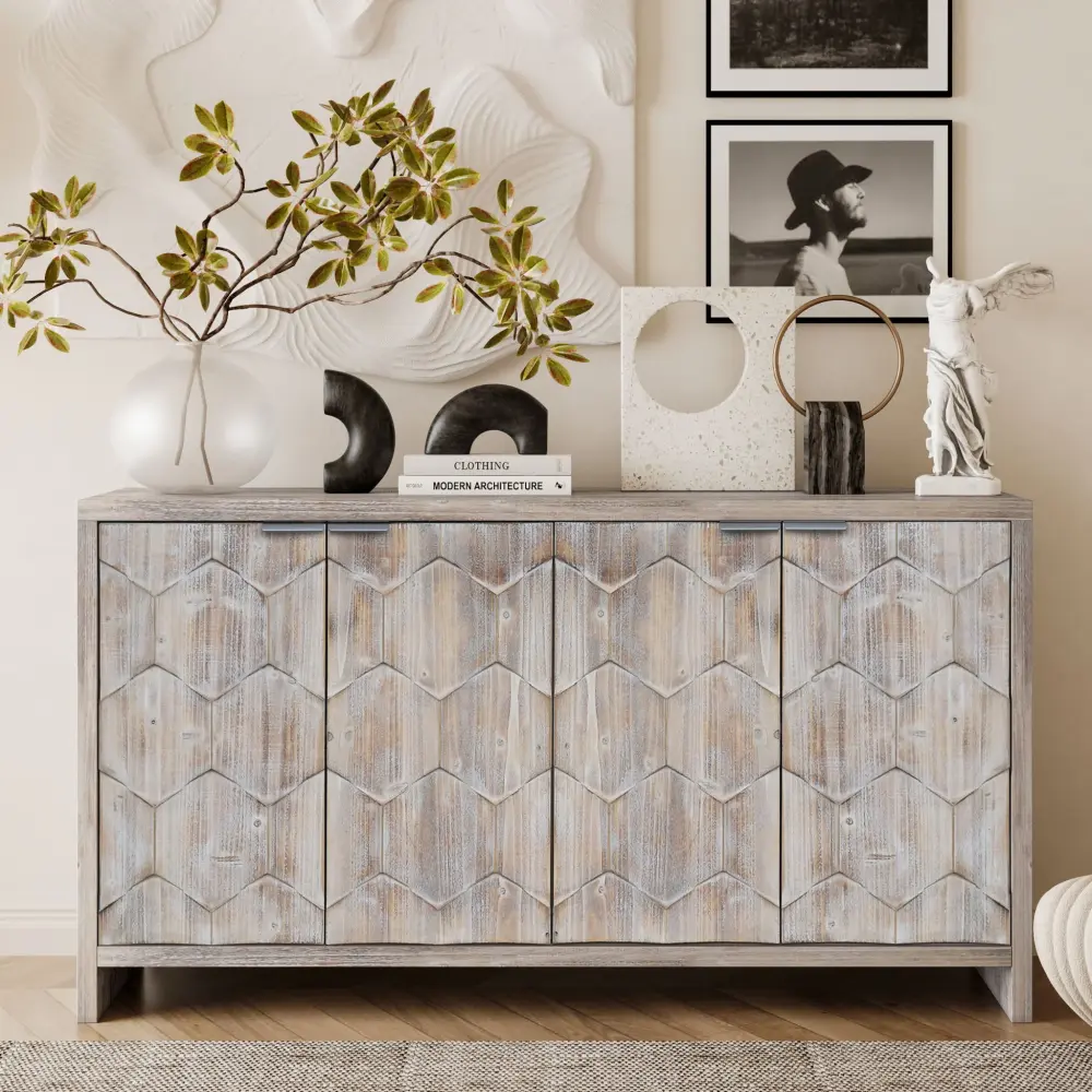 Accent Cabinet Farmhouse Style 4 Door Hardwood Cabinet Sideboard Buffet Server Cabinet Storage Cabinet, Living Room, Entry...