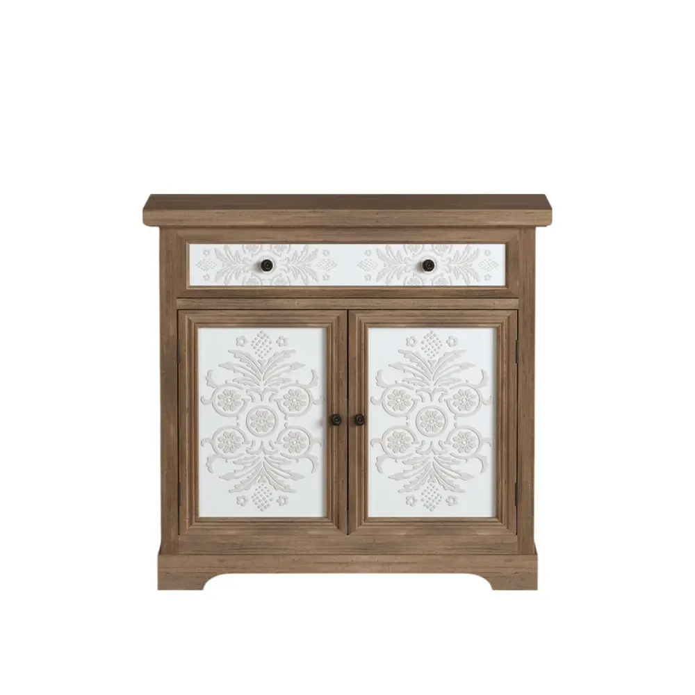 Accent Cabinet Ornate Floral Panels, Sideboard Drawer And Double Doors - Antique Brown / White
