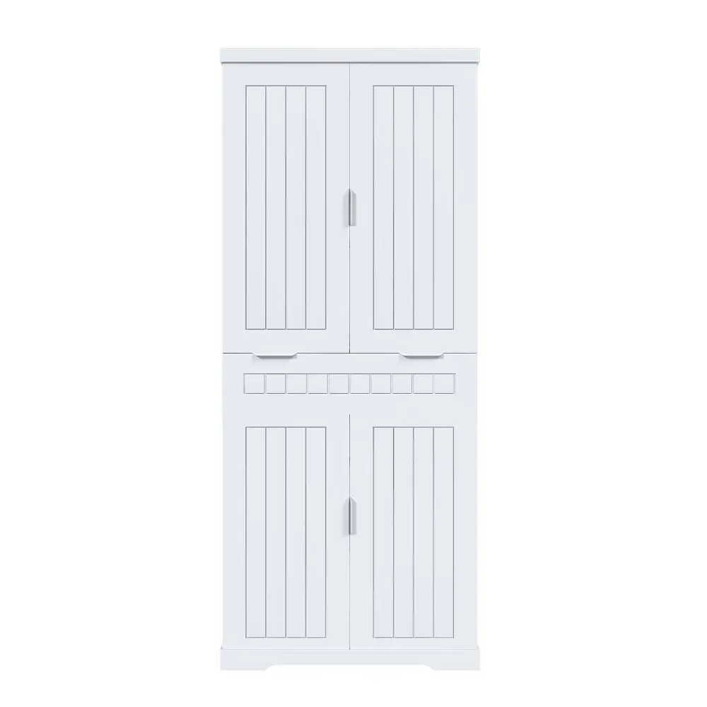 Farmhouse Style Pantry Cabinet Drawer 2 Cabinets & 6 Door Shelves Flexible Shelves Freestanding Cupboard - White