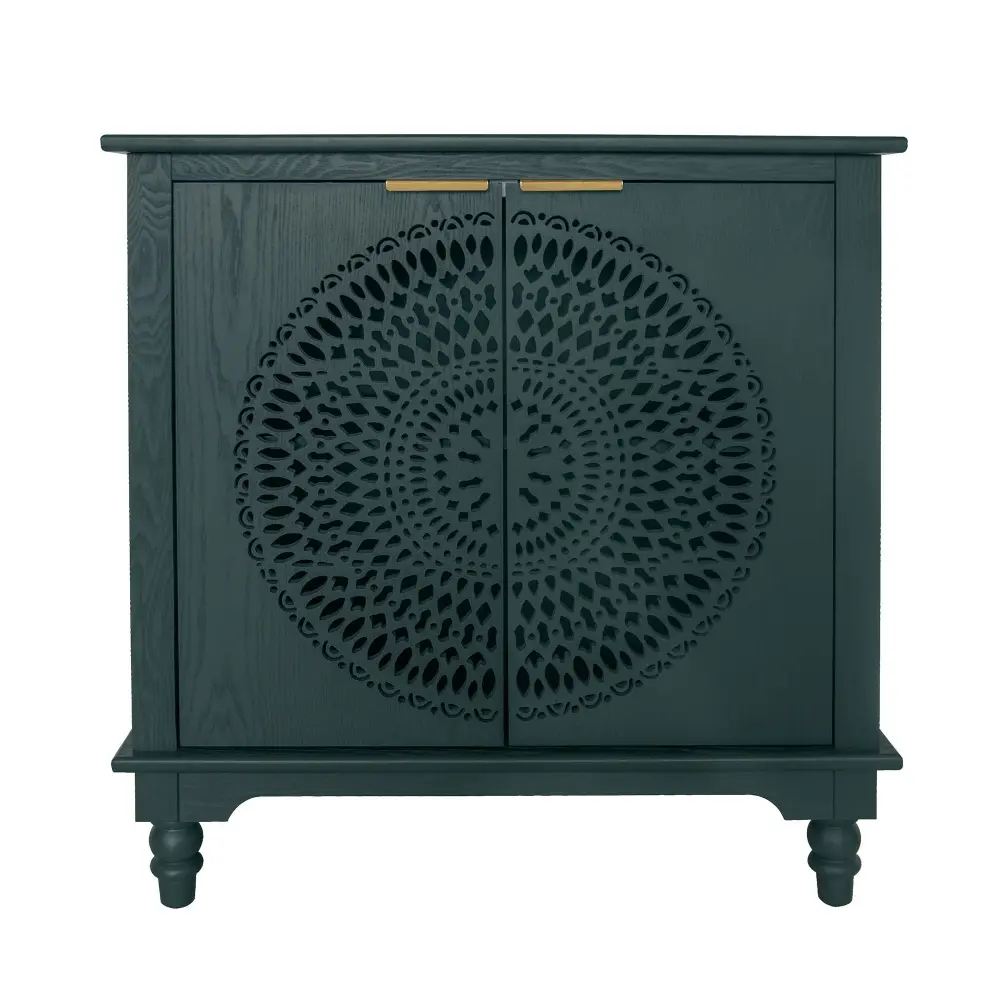 Hollow Carved 2 Door Accent Cabinet Adjustable Shelf, Sideboard Buffet Entryway, Living Room Or Bedroom - Blackish Green