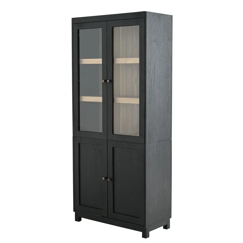 Mid Century Contemporary Style Tall Display Cabinet Glass Doors Collectibles - Black