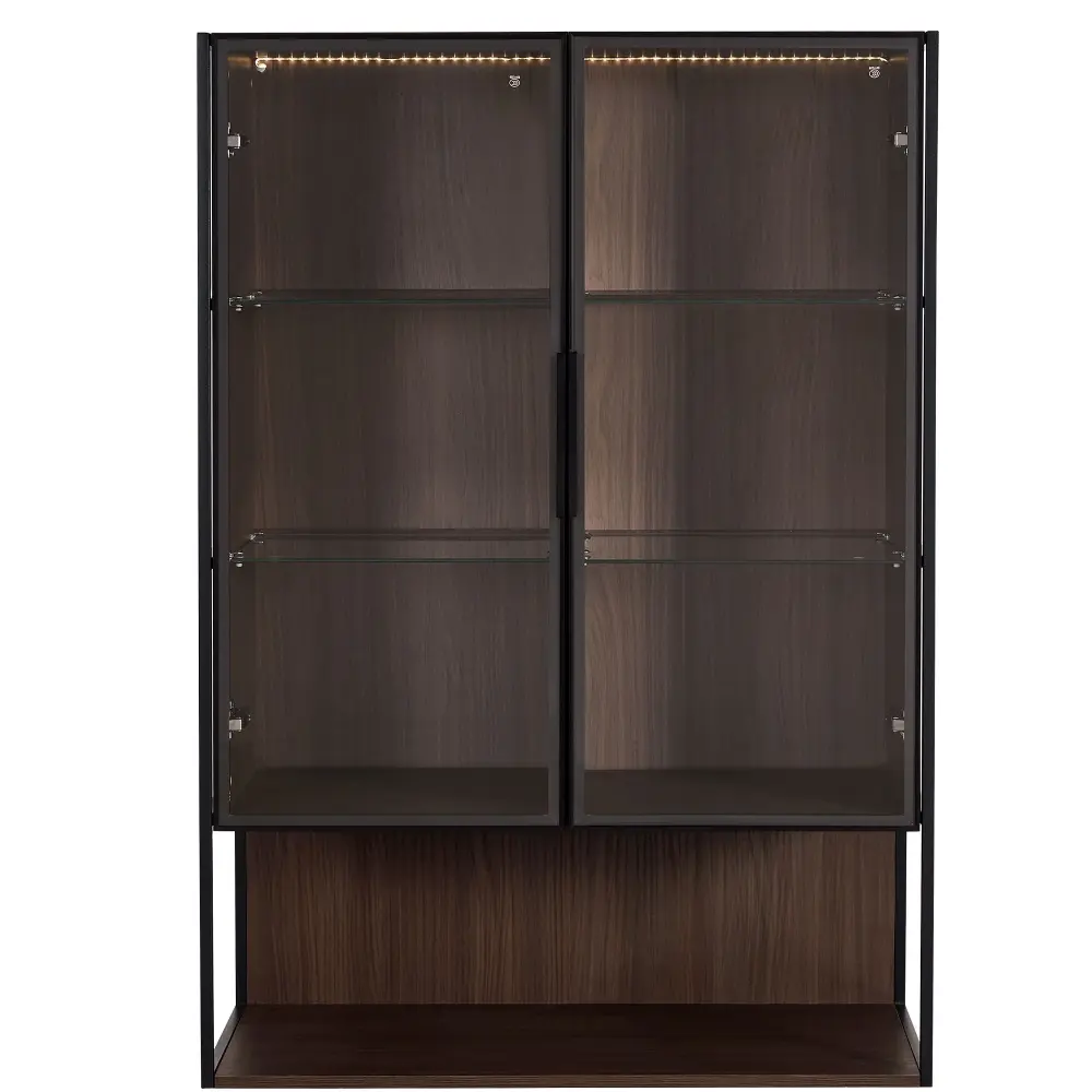 Modern Minimalist Tall Lighted Display Cabinet Tempered Glass Door - Onyx / Dark Walnut Storage Shelf
