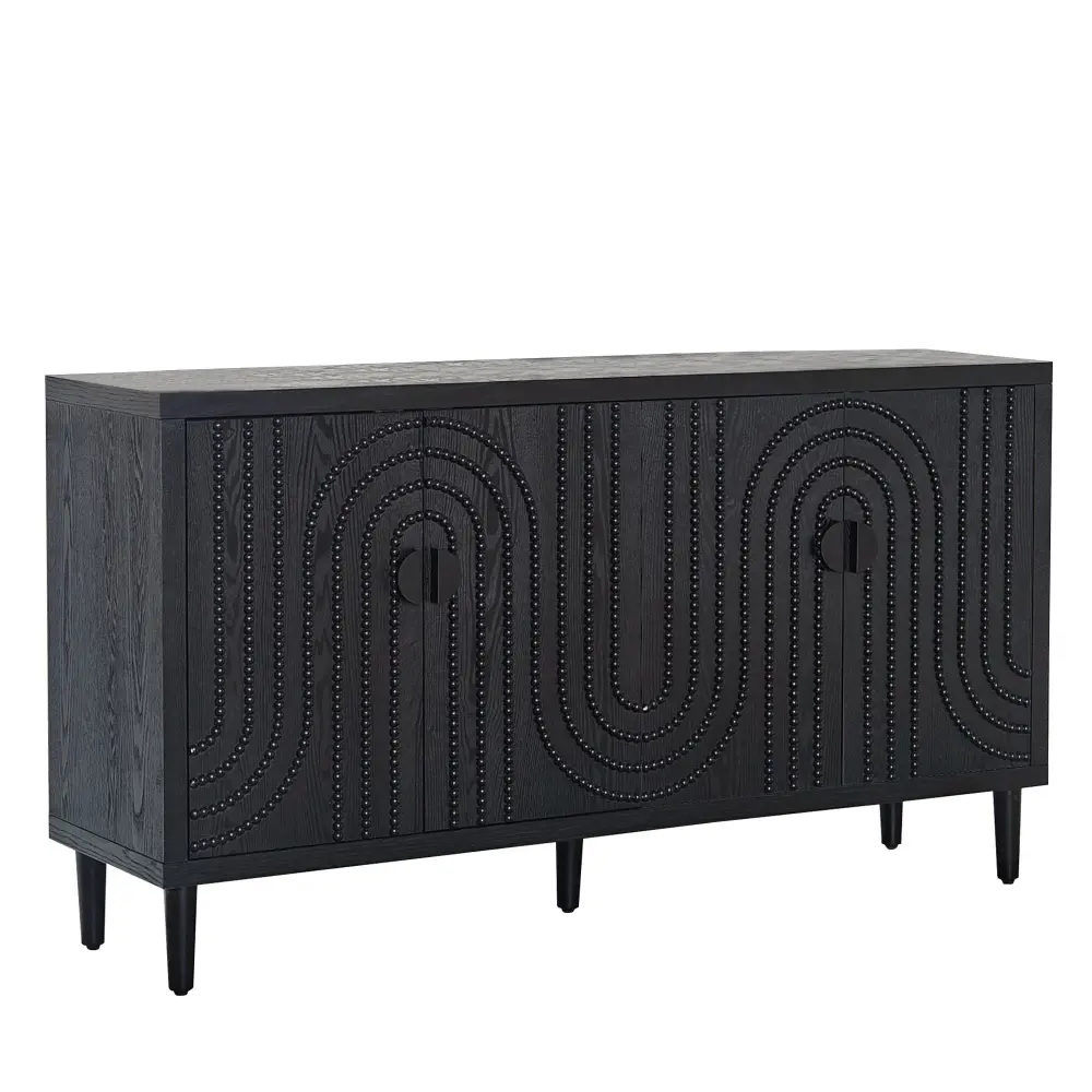 Modern Sideboard Cabinet Decorative Nailhead Accents, Stylish Storage Solution Dining, Living Rooms - Jet-black