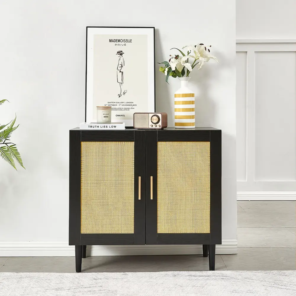 Side Panel Buffet Cabinet Natural Rattan Door, Rattan Storage Cabinet Customizable Shelves, Side Panel And Buffet Storage ...