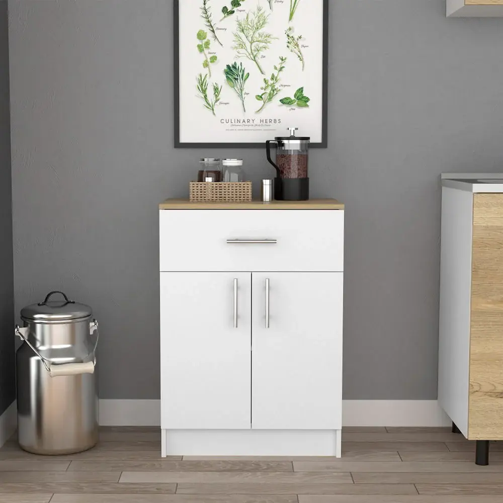 Space-Saving Corner Pantry Organizer Cabinet One Drawer, Two Interior Shelves, Two Doors - White / Buoyant Oak