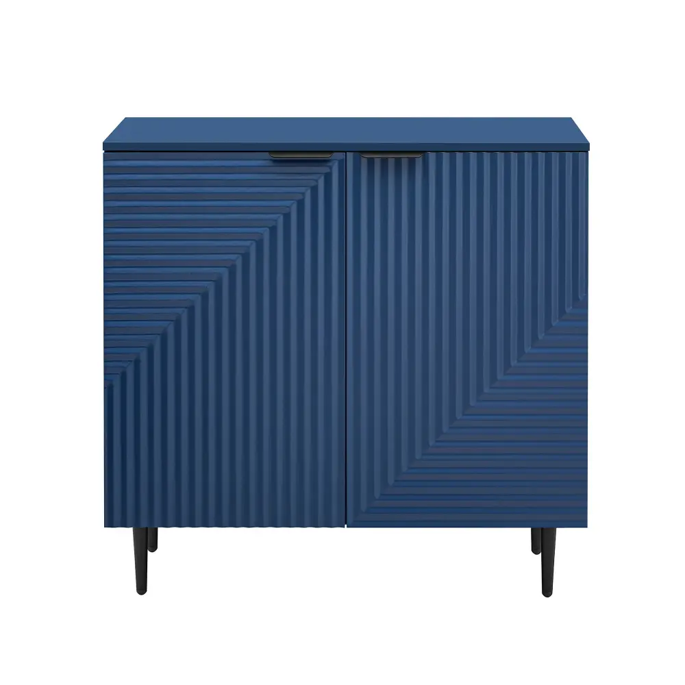 Space-Saving Corner Side Cabinet Customizable Shelves And Geometric Door Panels - Navy Blue