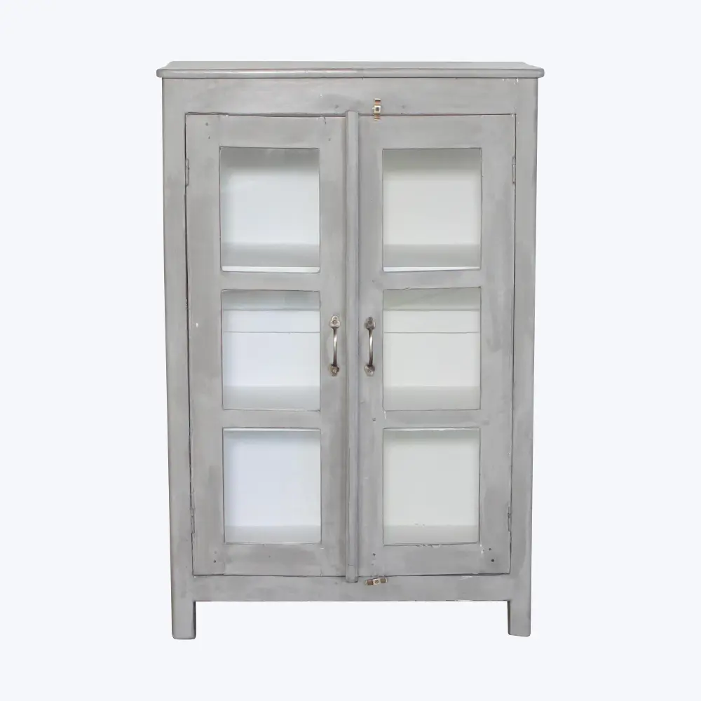 Vintage Grey-Painted Glass Front Cabinet