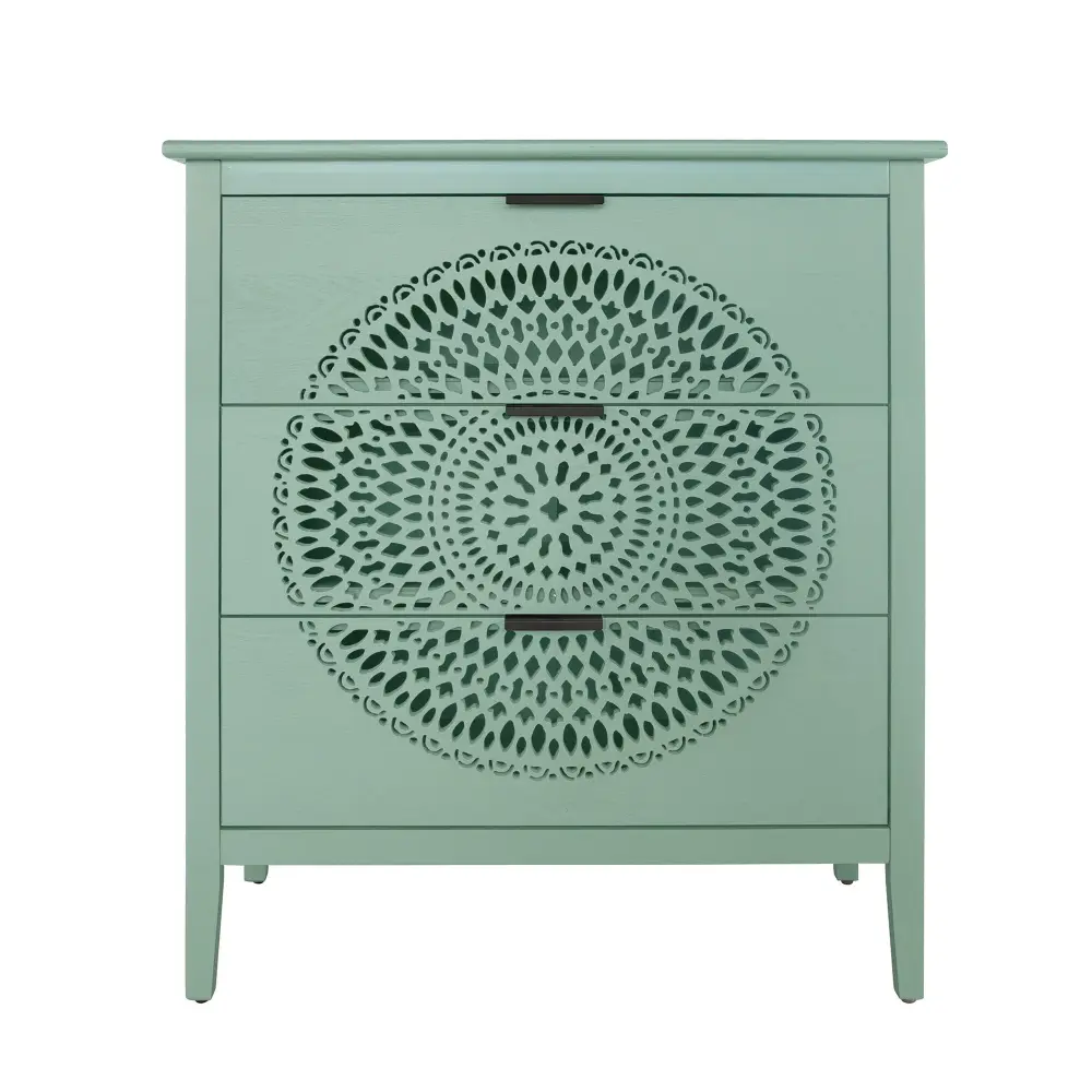 3 Drawer Storage Cabinet Hollow Detailed Design And Metal Handles, Chest Entryway, Living Room Or Bedroom - Light Green