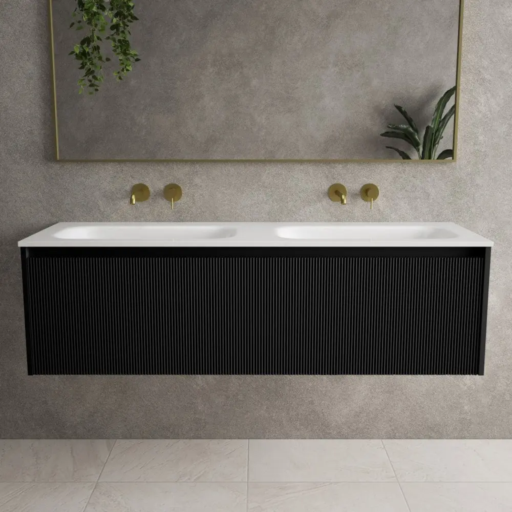 Scanalato Double Drawer Vanity Unit Beyondstone Double Basin - Pure Midnight 1400mm