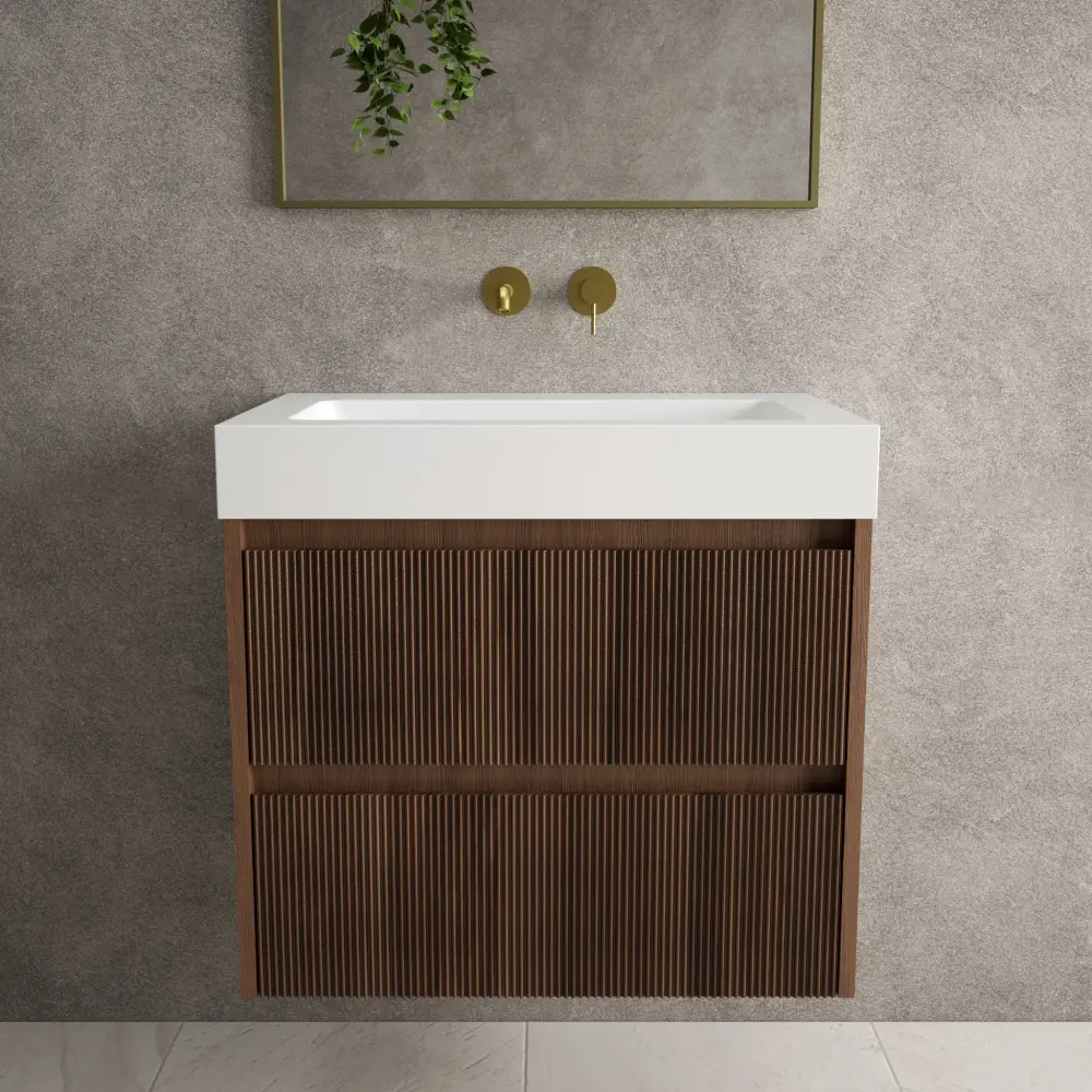 Scanalato Duplicate Drawer Vanity Unit Beyondstone BLOC Basin - Walnut 700mm