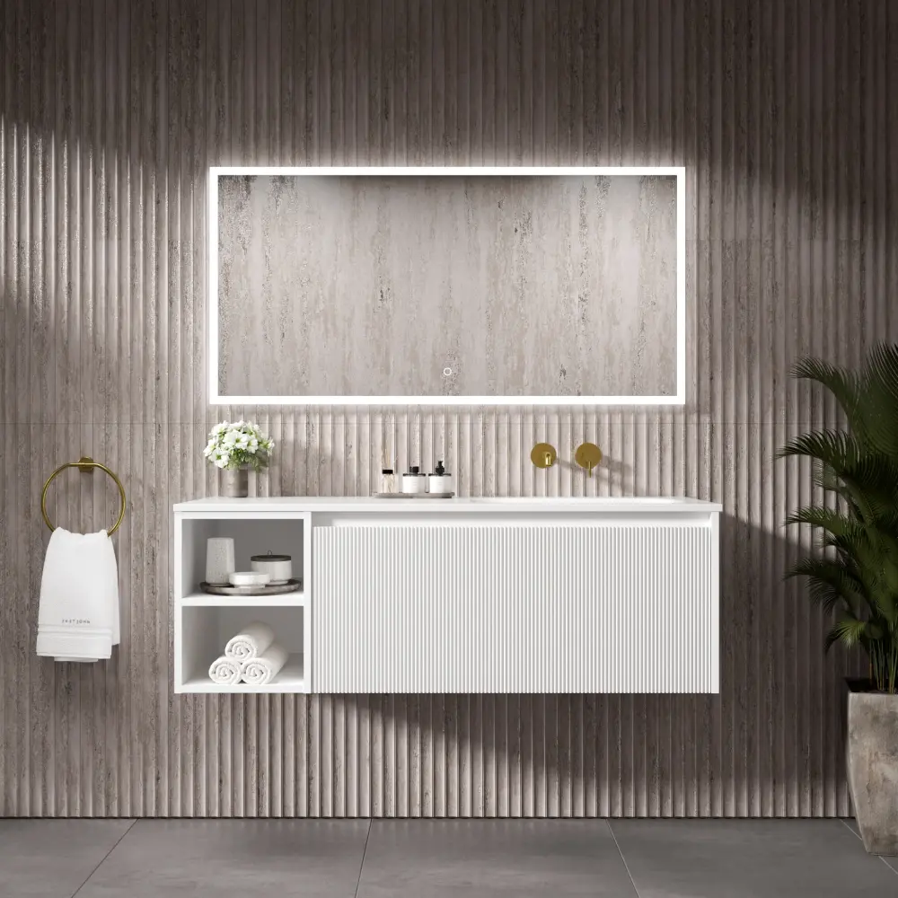 Scanalato Individual Drawer Vanity Unit Open Storage Space And Right Hand Beyondstone Basin - Pure White 1200mm