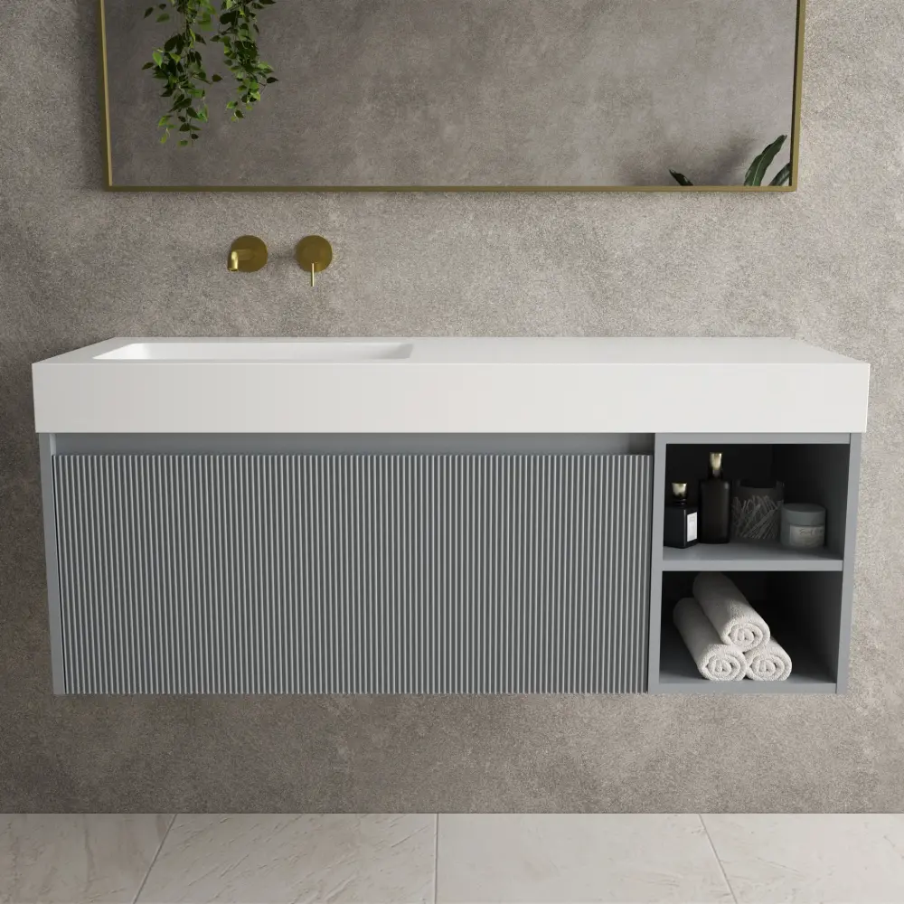 Scanalato One-only Drawer Vanity Unit Open Storage Space And Beyondstone BLOC Basin - Dove Grey 1200mm