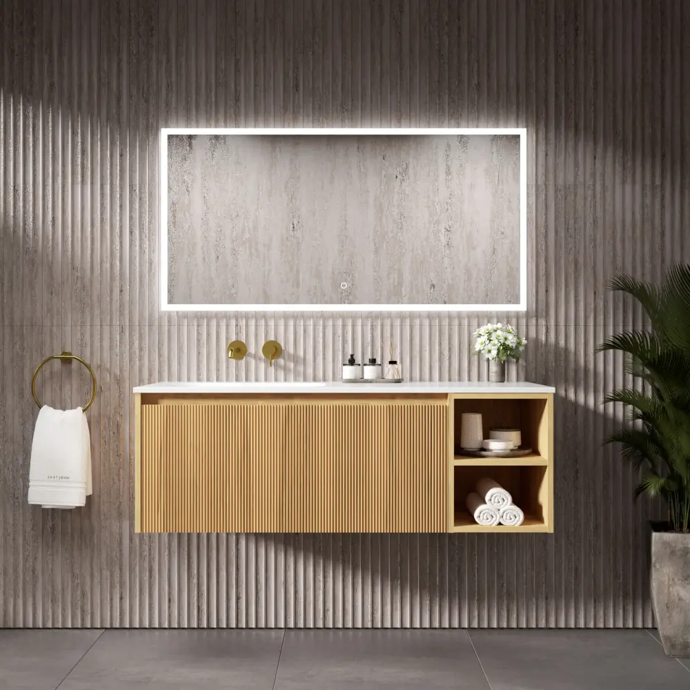 Scanalato One-only Drawer Vanity Unit Open Storage Space And Left Hand Beyondstone Basin - Oak 1200mm