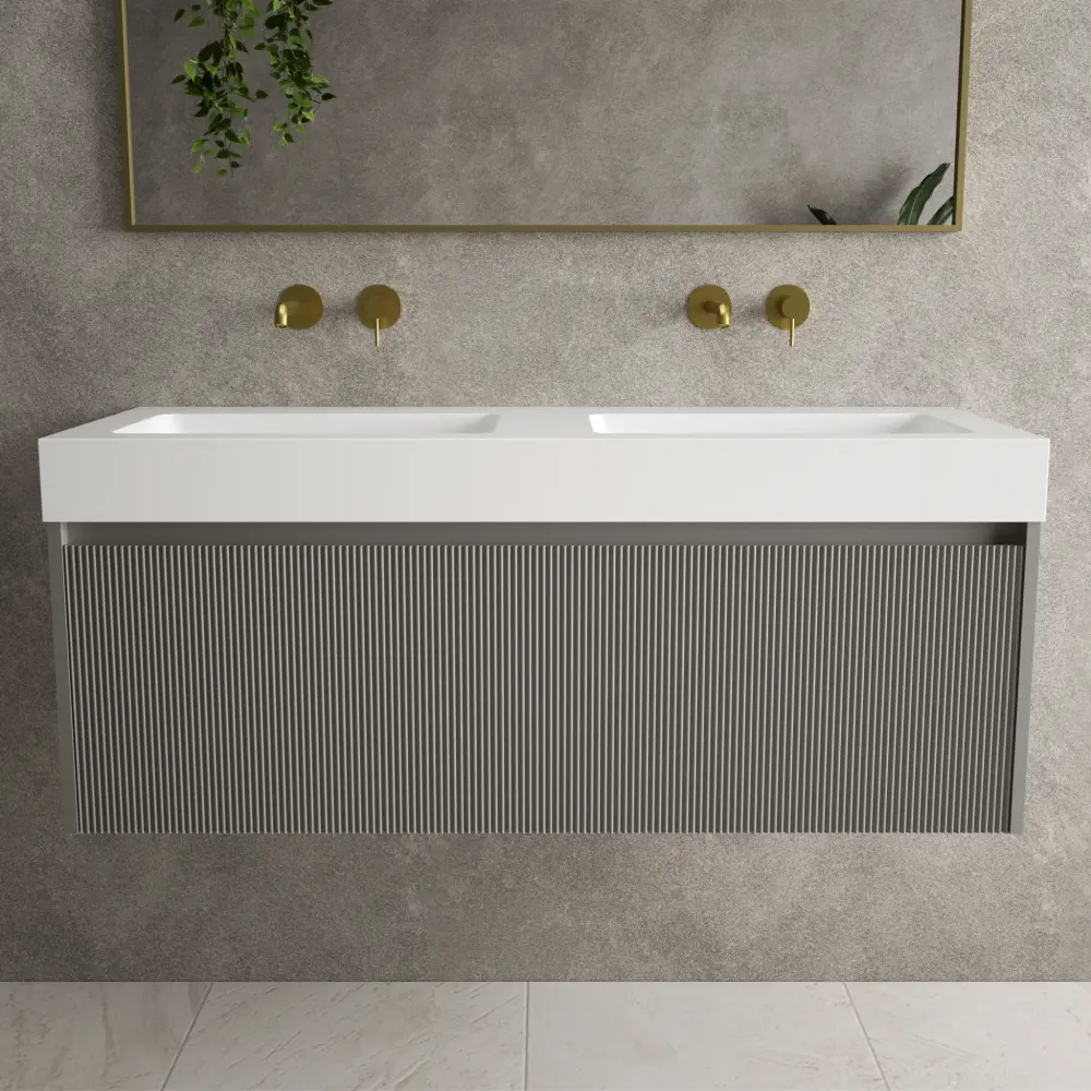 Scanalato Single Drawer Vanity Unit Beyondstone BLOC Twin Basin - Rich Taupe 1200mm