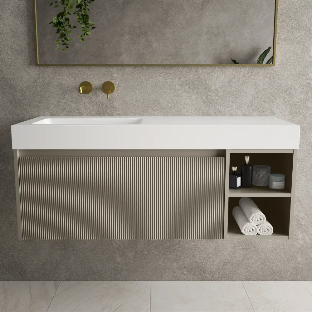 Scanalato Single Drawer Vanity Unit Open Storage Space And Beyondstone BLOC Basin - Smooth Taupe 1200mm