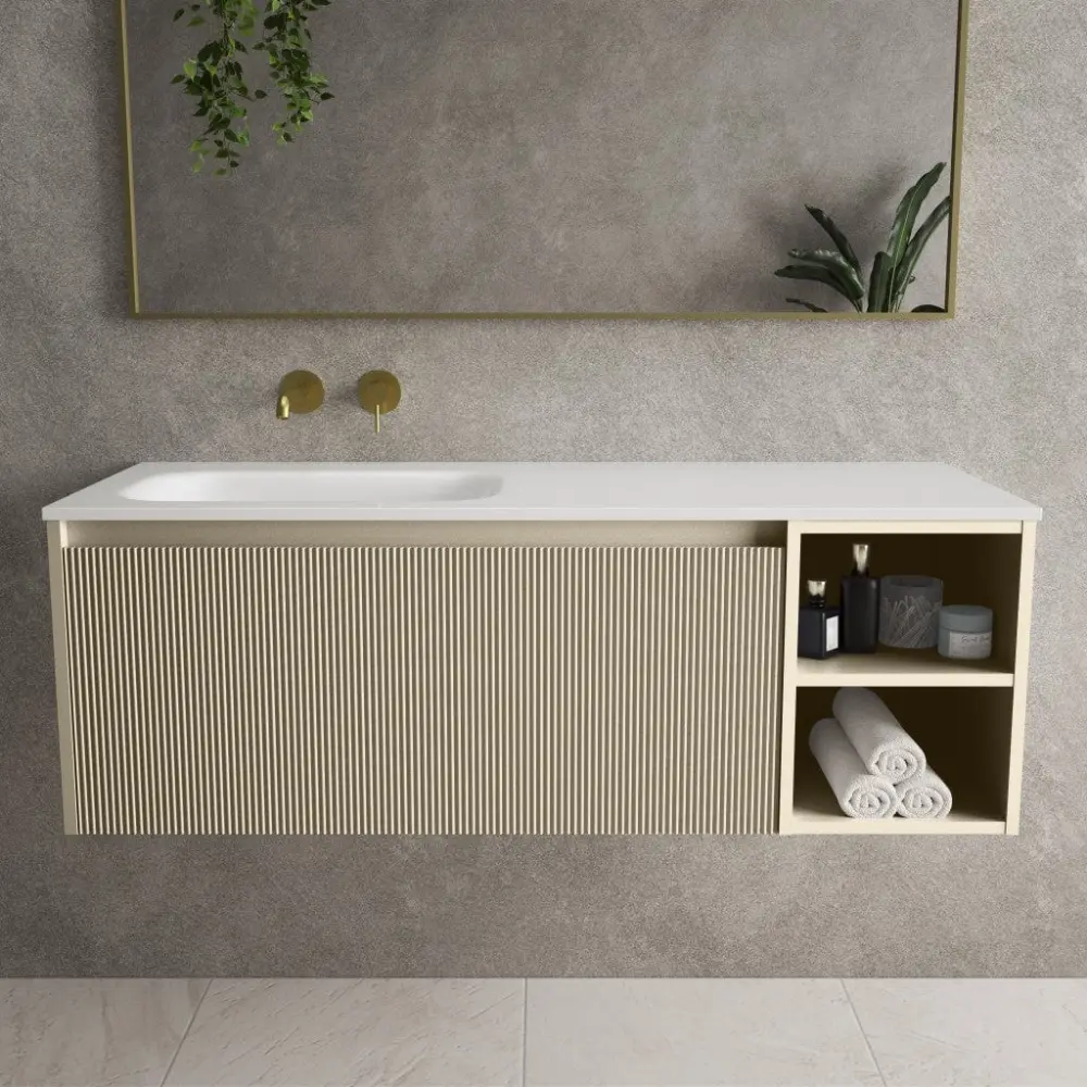 Scanalato Single Drawer Vanity Unit Open Storage Space And Left Hand Beyondstone Basin - Goat hair wool 1200mm