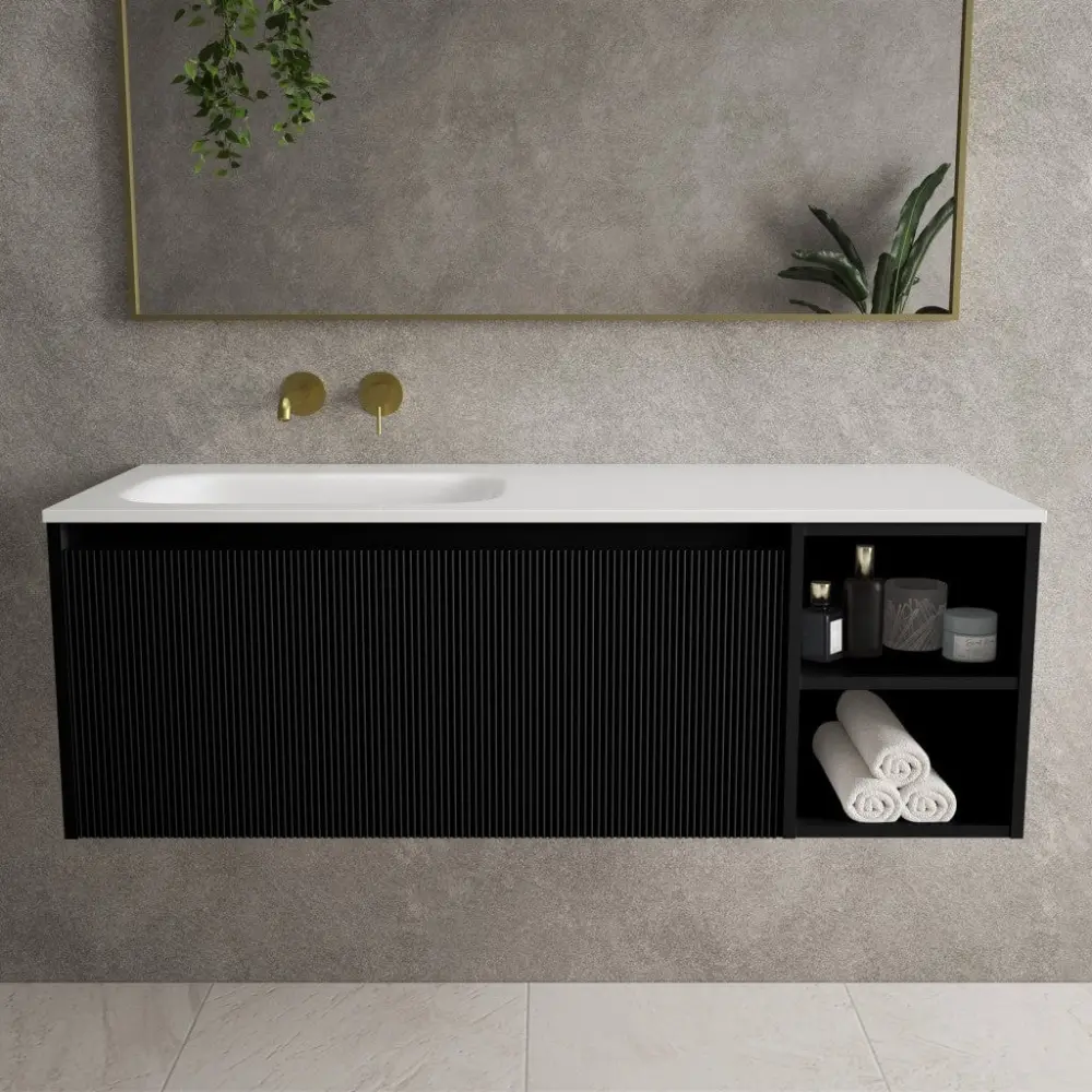 Scanalato Single Drawer Vanity Unit Open Storage Space And Left Hand Beyondstone Basin - Pure Onyx 1200mm
