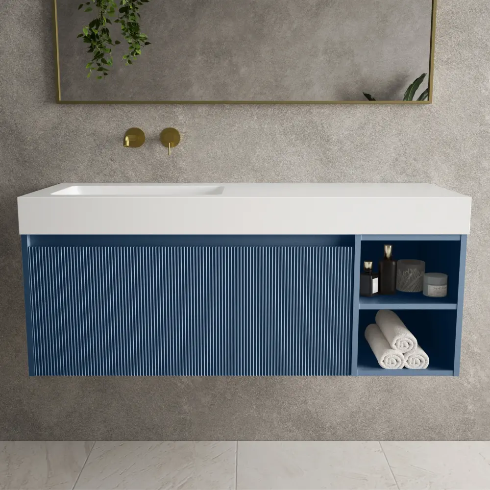 Scanalato Single Drawer Vanity Unit Open Storage Space And Beyondstone BLOC Basin - Soft Azure 1200mm
